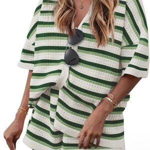 Ekouaer Women's Striped Green/White Collared Button Top & Shorts Set XL